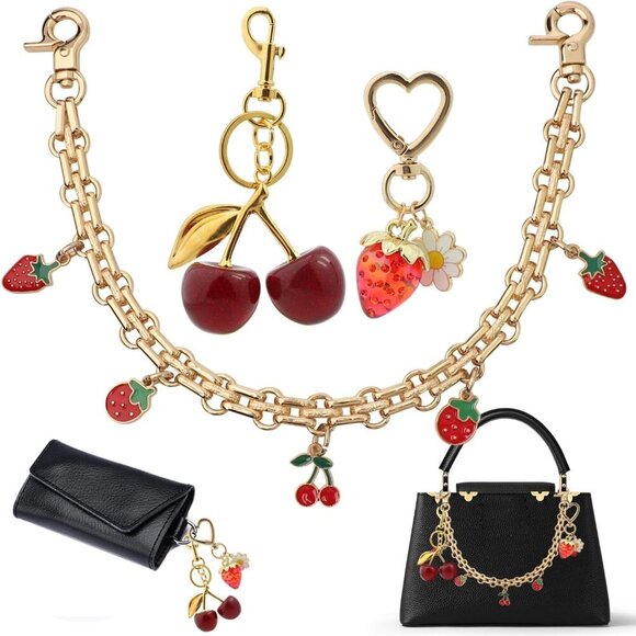 Stylish 3 PCS Gold Chain Bag Charms & Keychains with Cherry & Pearl Design - Picture 1 of 7
